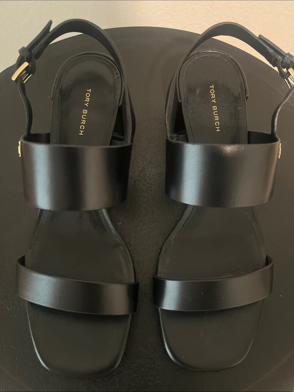 Tory Burch Double T Heel Sandals Black Leather 50mm Block Heel Size 9